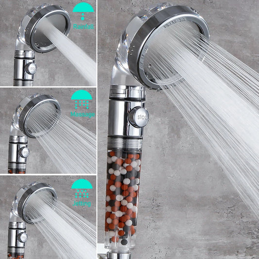 New Filter Balls SPA Shower Head with Stop Button 3 Modes Adjustable Shower Head High Pressure Shower Head One Button to Stop