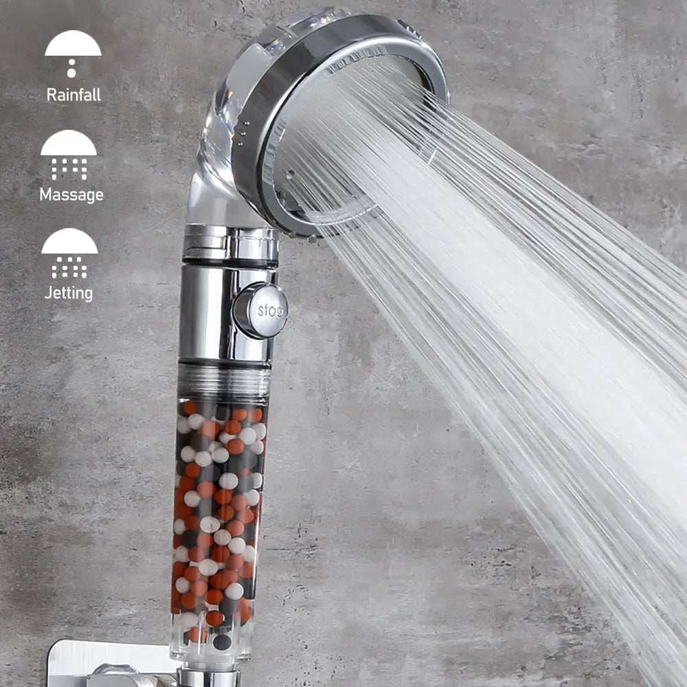 New Filter Balls SPA Shower Head with Stop Button 3 Modes Adjustable Shower Head High Pressure Shower Head One Button to Stop